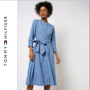 NWOT Tommy Hilfiger midi striped 3/4 sleeve belted shirt dress size L, cotton